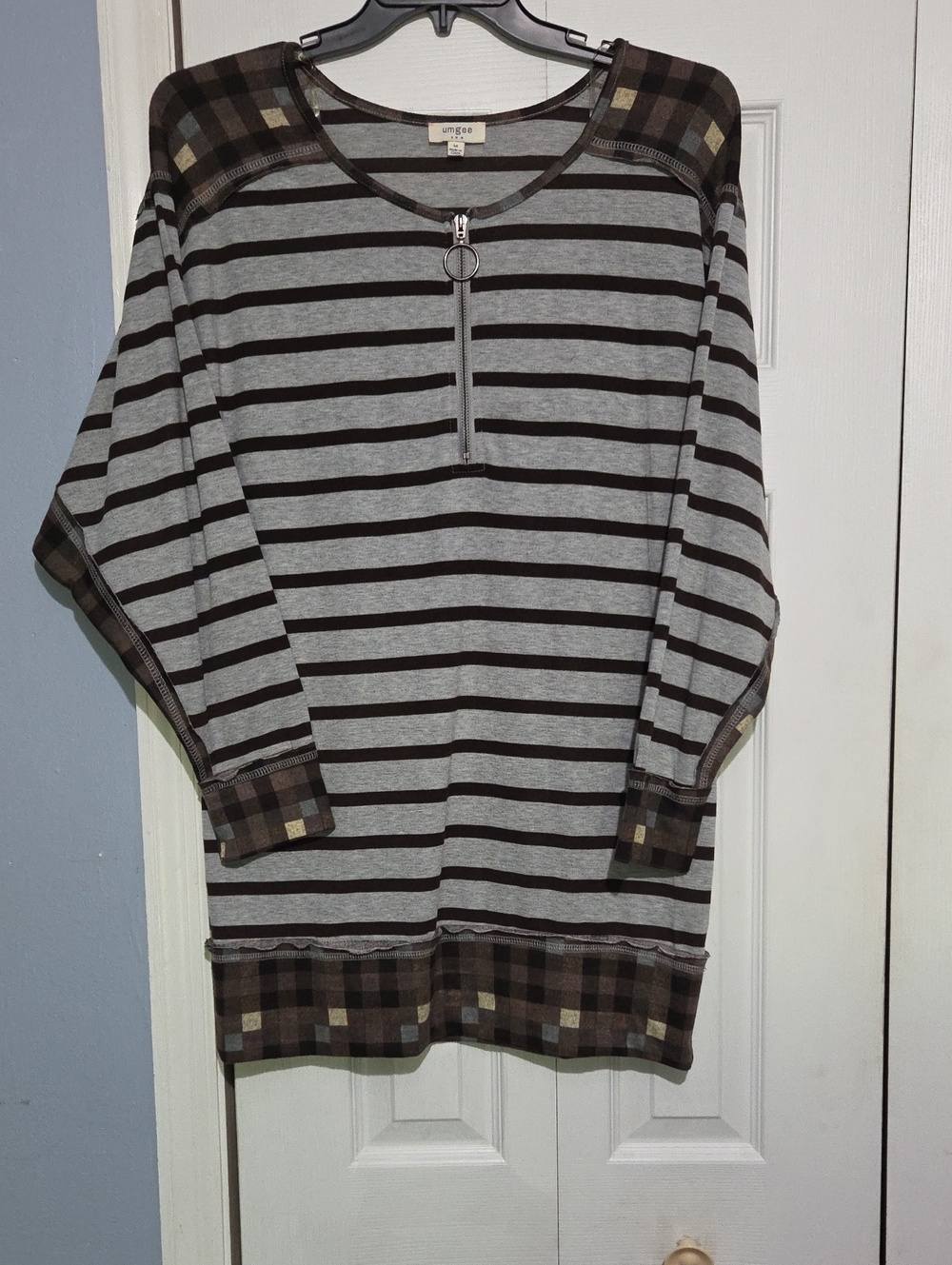 Umgee Gray & Brown Striped Half-Zip Dress with Plaid Trim